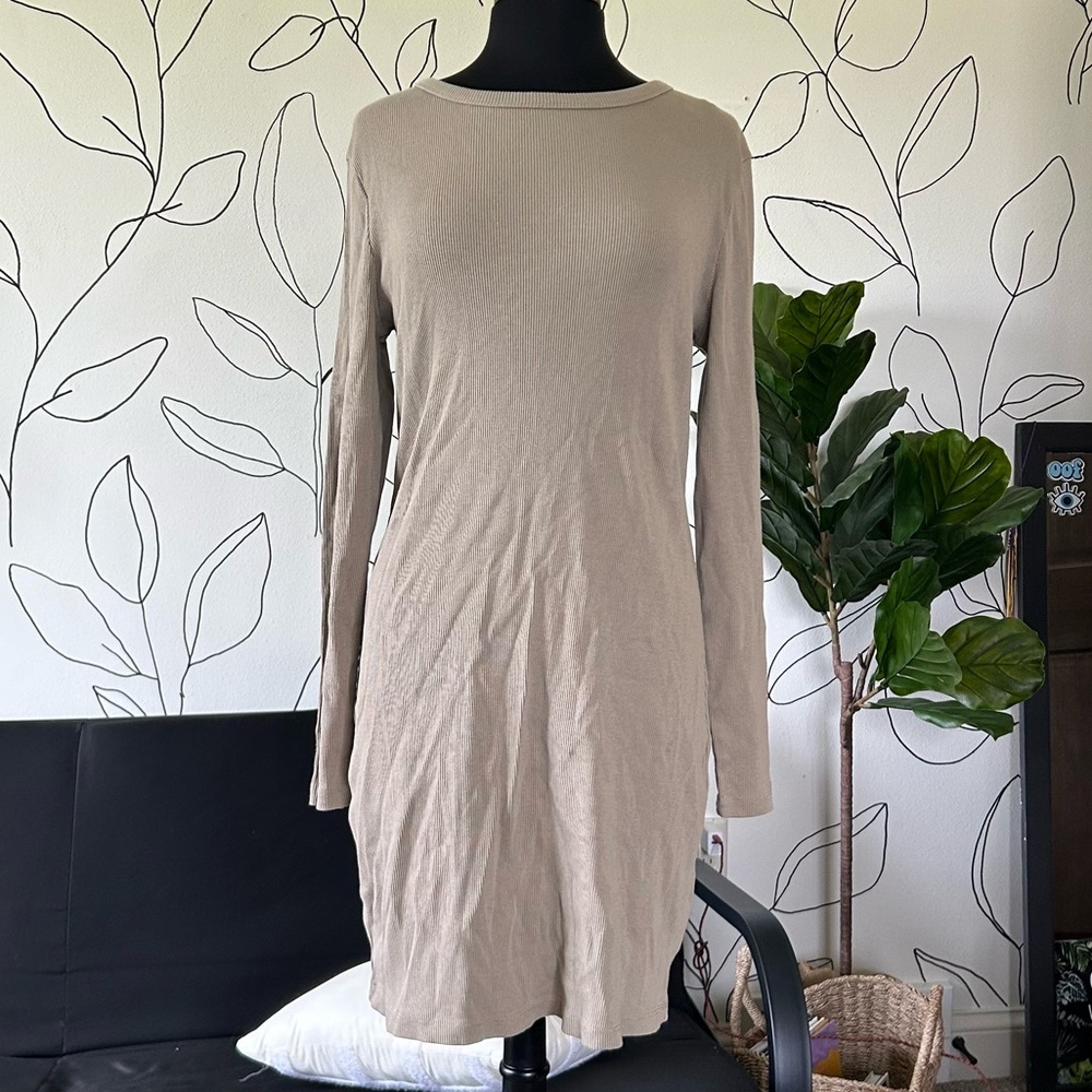 Ribbed Beige Long Sleeve Dress